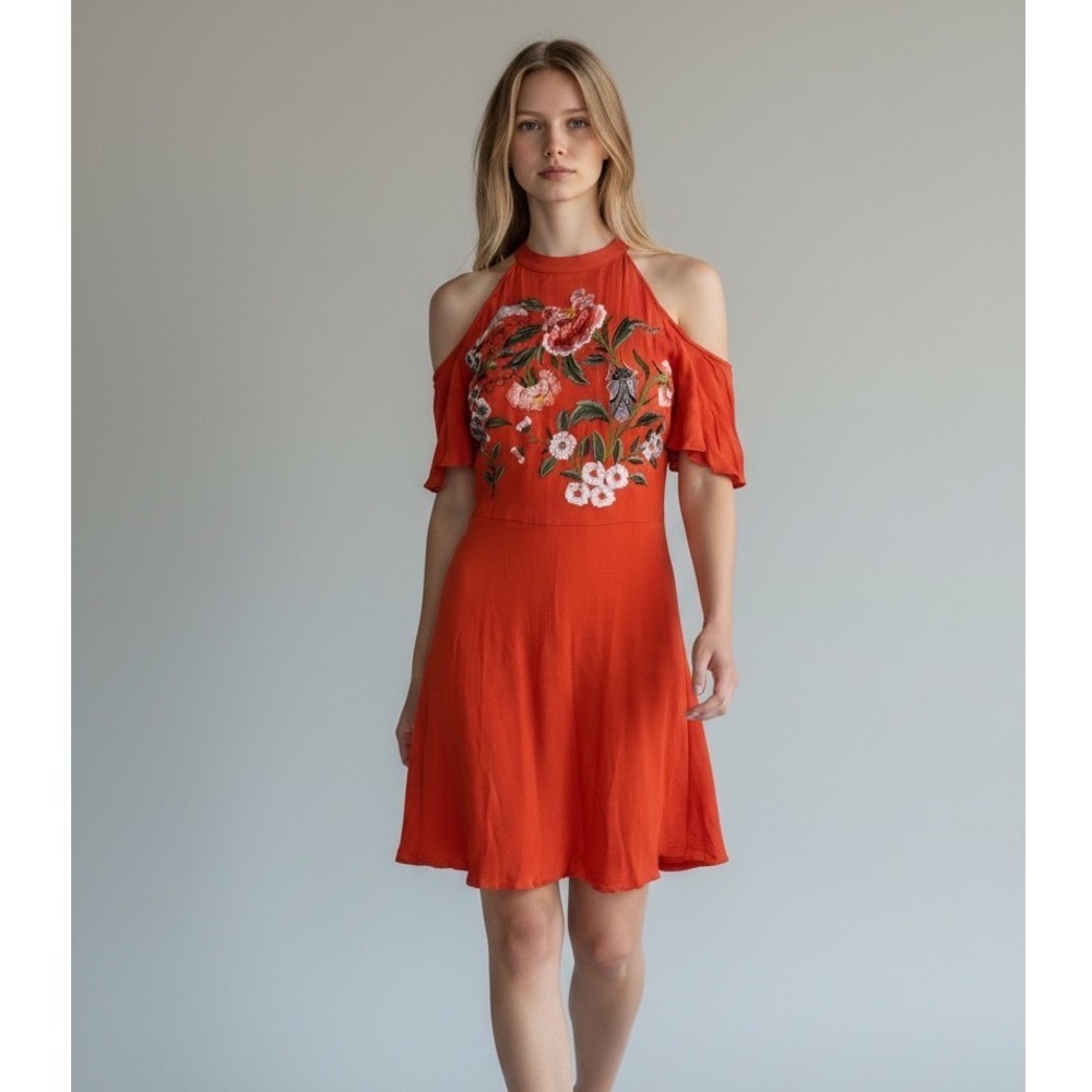 ASOS Embroidered Mini Dress Women Size 4 Orange Cold Shoulder Halter EUC